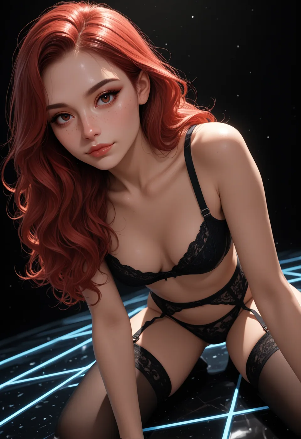 Illustrated red-haired woman against dark geometric light.
